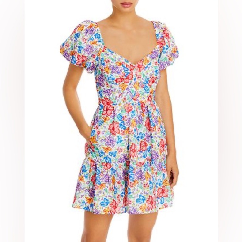 Aqua Floral Puff Sleeve Dress